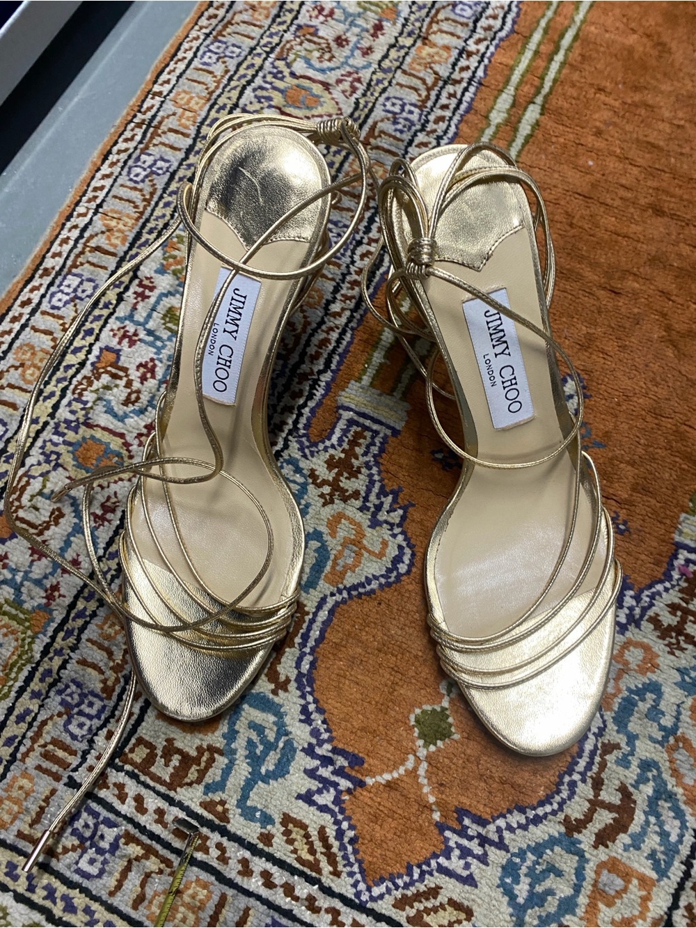 Jimmy Choo Metallic Gold Lace-Up Stiletto Sandals